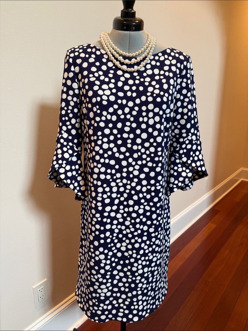 Vince Camuto Navy and White Polka Dot Midi Shift Dress